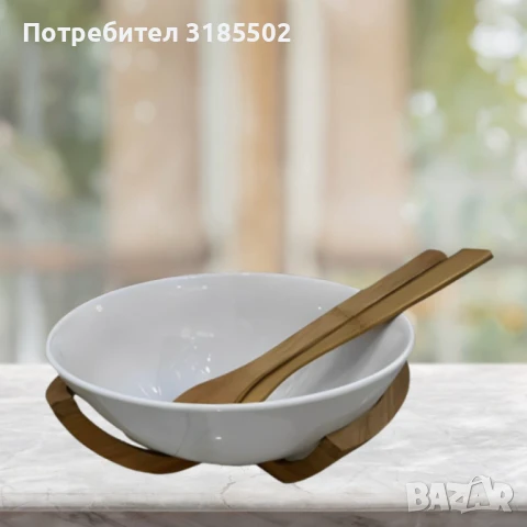 Луксозен комплект за салата с керамична купа и дървени аксесоари, снимка 5 - Прибори за хранене, готвене и сервиране - 51420684
