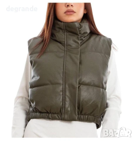 Зелена Дамска кожена ватирана грейка , снимка 3 - Елеци - 51280564