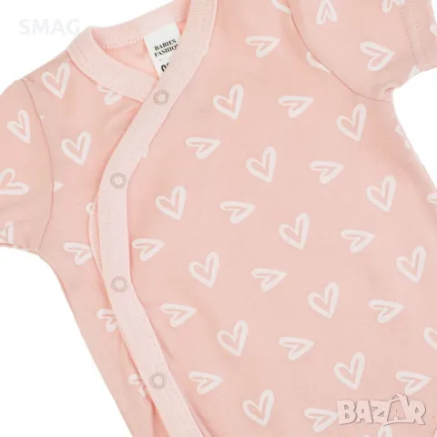 Бебешко памучно боди с къс ръкав и розови сърца S_1233525, снимка 2 - Бодита за бебе - 49893988