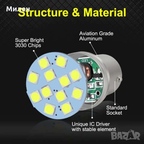 Диодна крушка (LED крушка) 12V, P21W, снимка 5 - Аксесоари и консумативи - 29546163