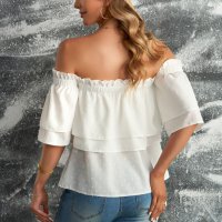 Дамска блуза с ластично деколте и принт на точки, снимка 5 - Корсети, бюстиета, топове - 40546567