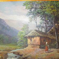 Стара картина ,Виктор Попов селски пейзаж,маслени бои,картонбои, снимка 5 - Картини - 35502034