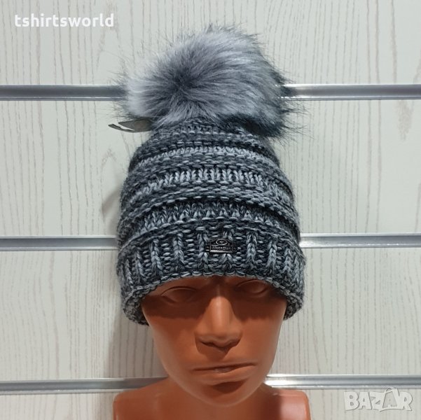 Нова дамска плетена шапка сив меланж с помпон/пух, снимка 1