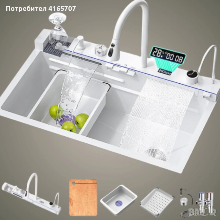 Умна кухненска мивка с изтеглящ се кран – LED дисплей, водопад, филтрирана вода и пълен комплект за , снимка 1