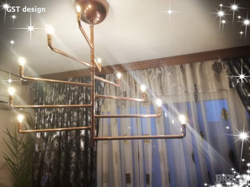 Уникална Лампа Полилей Медни тръби и Лед, снимка 1