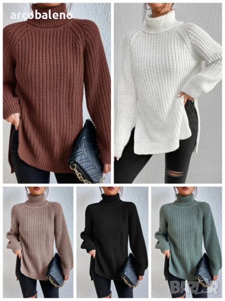 Дамски ежедневен широк пуловер с висока яка и цепка, 5цвята, снимка 1
