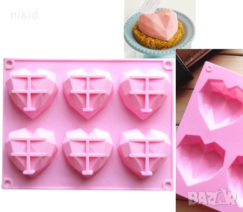 3D 6 диамантени сърца сърце силиконов молд форма за фондан тесто гипс глина сапун шоколад диамантено, снимка 1