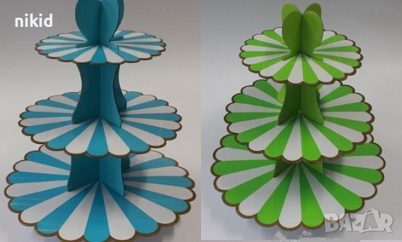 син зелен карусел 3 етажна Триетажна поставка стойка за мъфини картонена кексчета, снимка 1