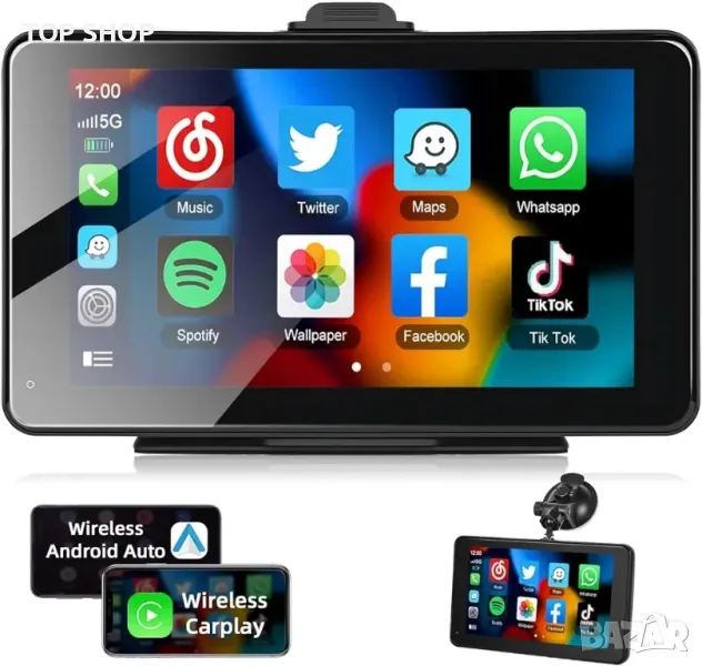 преносима стерео уредба за кола с безжична Apple Carplay Android Auto,7', снимка 1