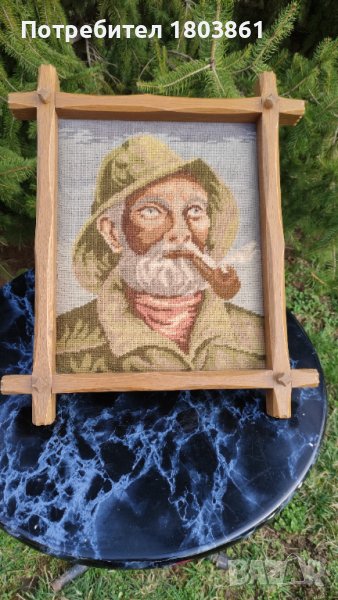 Немски гоблен Мъж с лула в масивна дъбова рамка, снимка 1