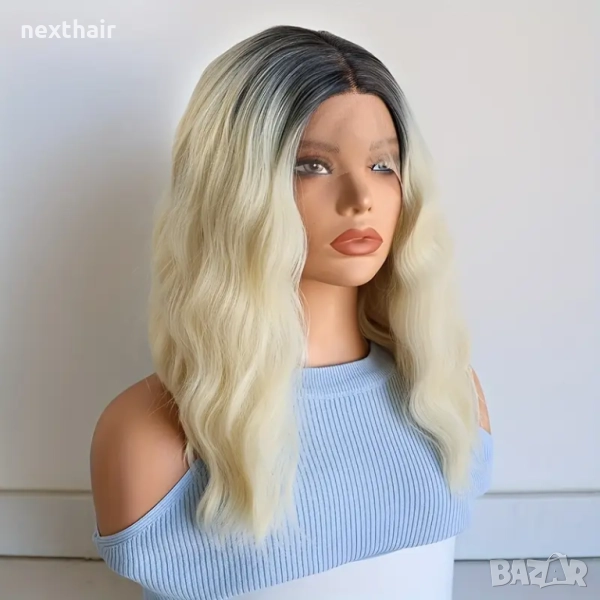 Елегантна светло руса омбре дантелена перука с черни корени на път, снимка 1