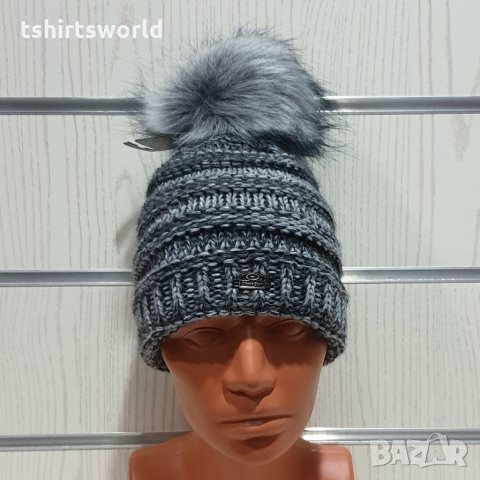 Нова дамска плетена шапка сив меланж с помпон/пух