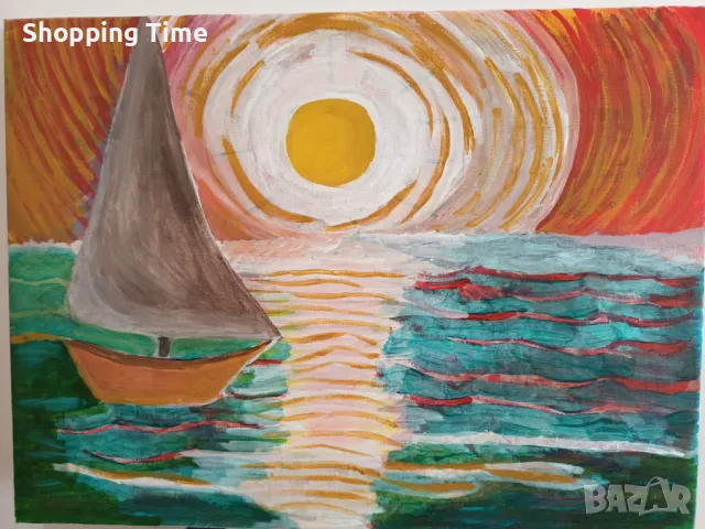 НОВА картина лодка в морето, 30х40см, ръчна изработка, акрил, Спиди/лично предаване