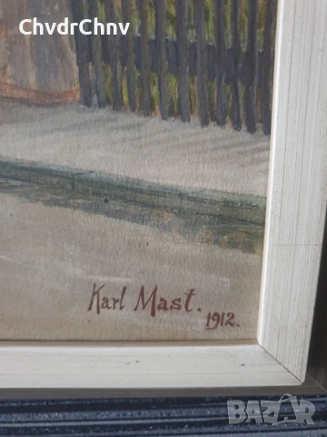 Чифт стари малки картини акварел върху картон/замъци/1912/картина в дървена рамка 41х31см, снимка 9 - Картини - 51192322