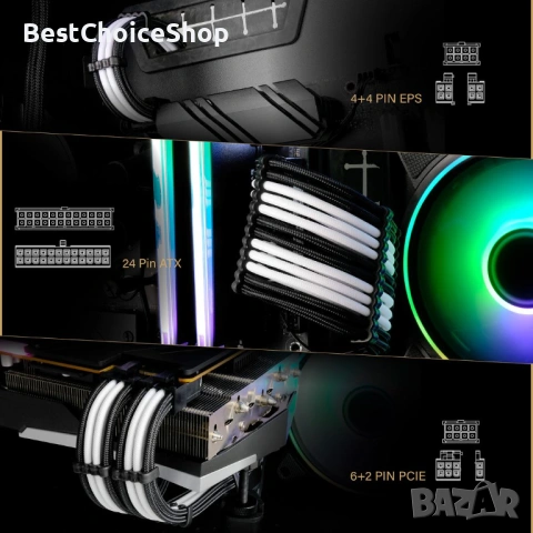 PSU удължителен кабел, плетен персонализиран мод PC захранващ кабел, 24-pin/8-pin до 6+2-pin, снимка 7 - Кабели и адаптери - 54359626