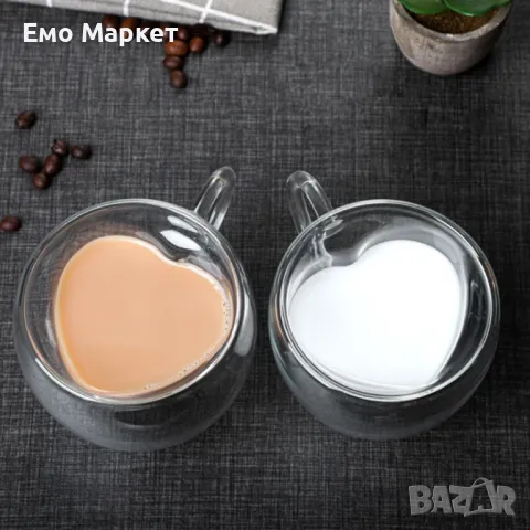 Двустенна стъклена термо чаша във формата на сърце, снимка 2 - Чаши - 48917127