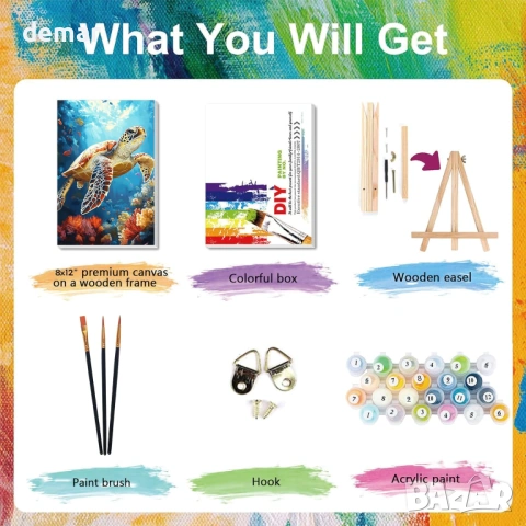 Боядисване по номера с костенурка за възрастни с рамкирано платно и дървен статив, 20х30 см, снимка 4 - Други игри - 53949739