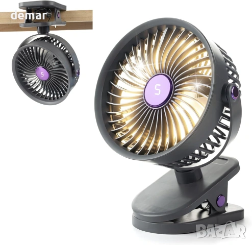 Преносим вентилатор с LED дисплей и здрава щипка, 360°, 5 скорости, сив