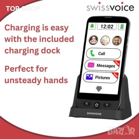 Нов SWISSVOICE S510-C Мобилен телефон за възрастни хора с докинг станция SOS Калъф, снимка 6 - Motorola - 49339194