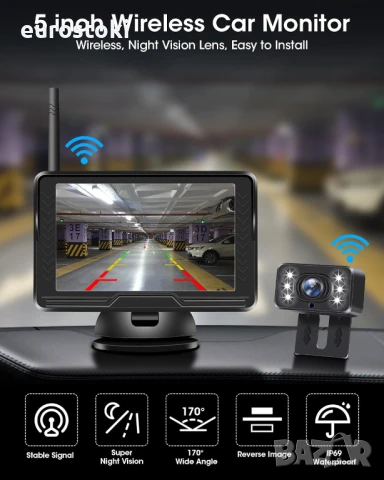 Jansite P067 Безжична камера за заден ход AHD 1080P с 5-инчов монитор 6 LED светлини, 170° широкоъгъ, снимка 3 - Аксесоари и консумативи - 51097024