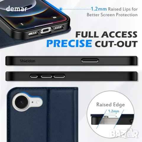Калъф SHIELDON за iPhone 16e 6.1" 5G 2025, флип калъф от естествена кожа - тъмносин, снимка 8 - Калъфи, кейсове - 49506453