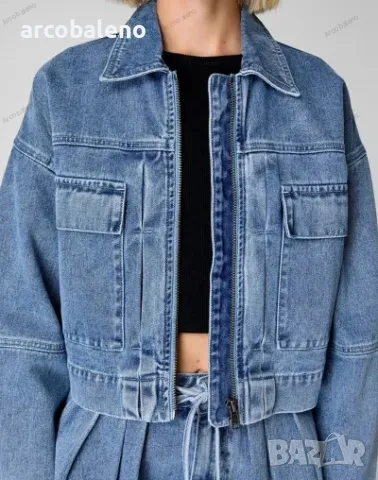 Дамски моден дънков свободен комплект яке с много джобове и къси панталони, снимка 3 - Комплекти - 48326633