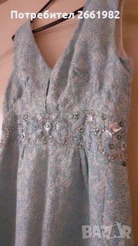 Красива синя миди рокля със златни нишки  - под коляното, снимка 3 - Рокли - 34036030