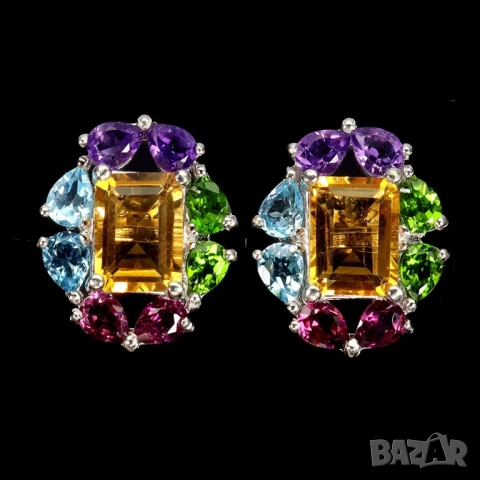 925 сребърни обеци с родолит гранат, диопсид, цитрин, гранат, снимка 4 - Обеци - 51770449