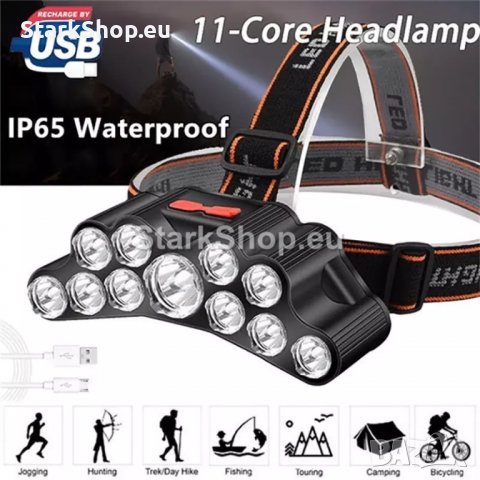 Moщен челник с 11 LED диода и USB