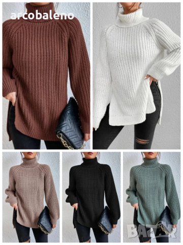 Дамски ежедневен широк пуловер с висока яка и цепка, 5цвята