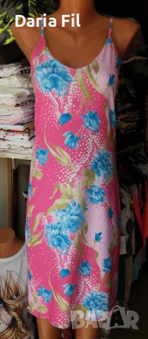 Розова рокля на сини цветя с тънки презрамки , снимка 1