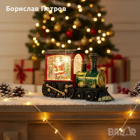 Коледна декоративна композиция „Влакът на Дядо Коледа“ с LED светлина, вода и брокат, снимка 4 - Декорация за дома - 56217960