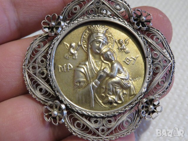 Възрожденска Сребърна икона, амулет, накит, медальон с Богородица, Дева Мария - Панагия  - Богородиц, снимка 3 - Колиета, медальони, синджири - 30015891