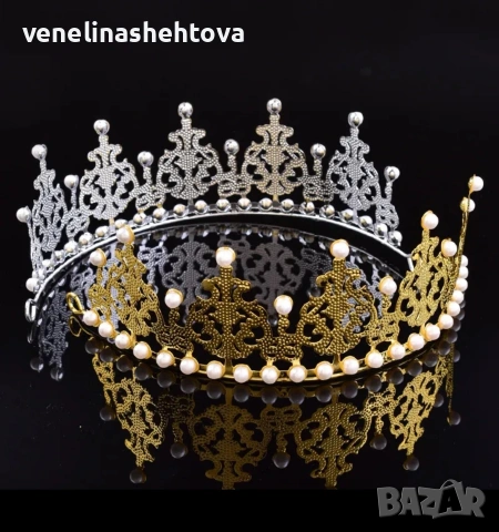Голяма корона тиара злятист сребрист цвят с перли за декорация на торта , снимка 2 - Други - 53108813