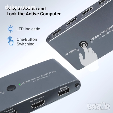 2-Port 4K KVM превключвател – HDMI USB Switch за 2 компютъра, алуминиев корпус, включени кабели, снимка 4 - Друга електроника - 52465712