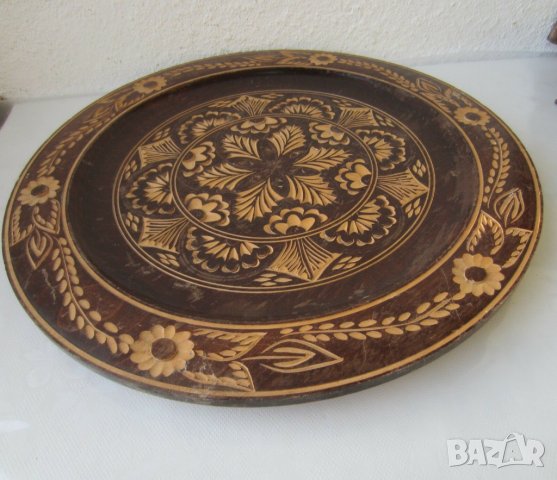 35см стара Дървена  чиния -пано - поднос,  дърворезба, черпак, голяма чиния, зодия, снимка 2 - Декорация за дома - 31174809