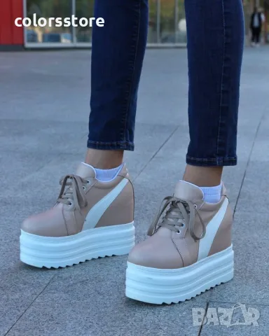 Кецове на платформа - бежови с бяла лента - SJN56