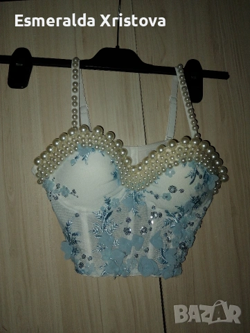 Бюстие в син цвят с перли, снимка 7 - Корсети, бюстиета, топове - 54195284