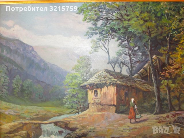 Стара картина ,Виктор Попов селски пейзаж,маслени бои,картонбои, снимка 5 - Картини - 35502034