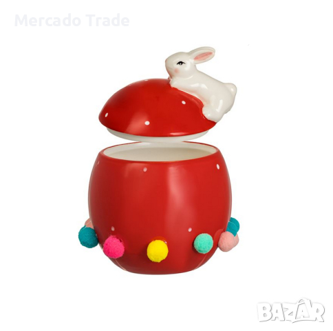 Великденски буркан за бисквитки Mercado Trade, Яйце, Червено зайче с цветни помпони, Керамика, снимка 3 - Кутии за храна - 44600251
