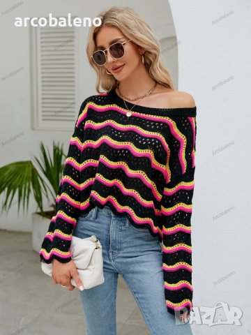 Дамски моден пуловер с дълги ръкави и кръгло деколте на райета, 2цвята - 023, снимка 5 - Блузи с дълъг ръкав и пуловери - 42305036