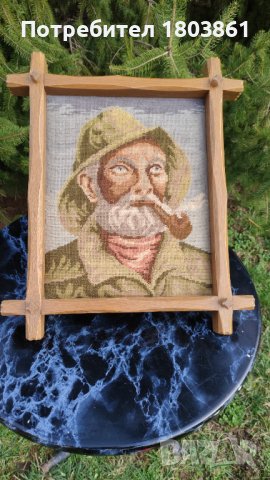 Немски гоблен Мъж с лула в масивна дъбова рамка, снимка 1