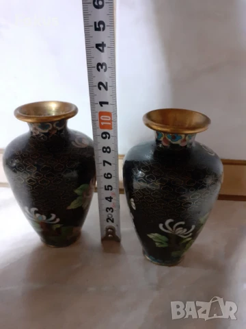 Cloisonne Клоазоне Чифт страхотни вази бронз клетъчен емайл, снимка 7 - Антикварни и старинни предмети - 50999283