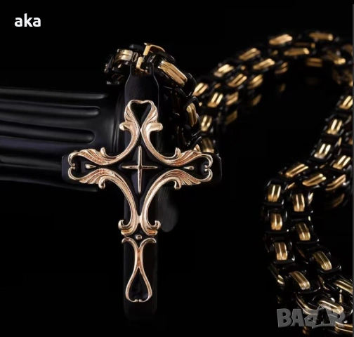 масивно Модно колие ланец с висулка кръст, снимка 3 - Колиета, медальони, синджири - 54347859