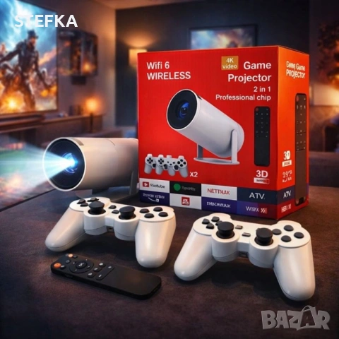 Интелигентен видео проектор 4K с два геймпада, дистанционно управление, Android TV 11 и WiFi 6