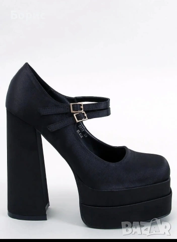 Черни сатенени обувки на платформа, снимка 4 - Дамски обувки на ток - 54031164