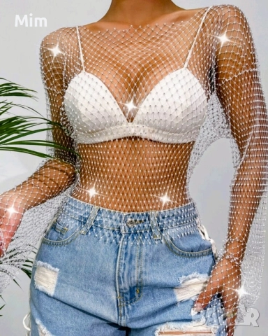 М/ XL Бял топ блуза от мрежа в камъни