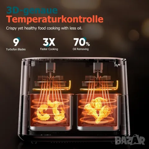 3000W Двузонов фритюрник с горещ въздух, еър фрайър 9 литра, снимка 4 - Фритюрници - 50148705
