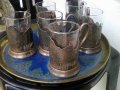 Шест чаши с подстаканчици посребрени и поднос на тема първите два изкуствени спътници на земята, снимка 1