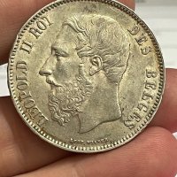 Белгия 5 франка 1870 Леополд || AU 58, снимка 2 - Нумизматика и бонистика - 35525669
